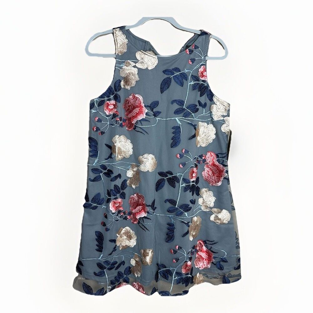 ECI NY Sheer Floral Dress Womans Size Medium Embroidered Aline Sleeveless Mini